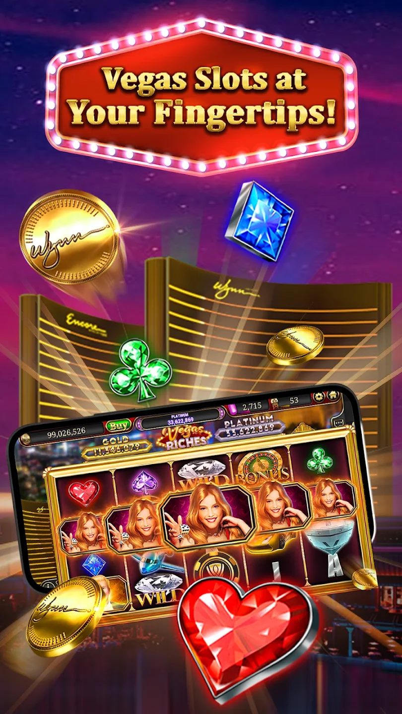 Store artwork showing a phone with a gem-filled slot machine, floating coins, a clover, and a ruby heart.
